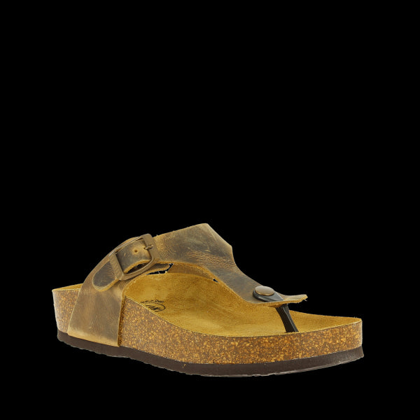 An angled shot of Plakton's 341671 Beige Thong Sandals, showcasing the cork sole and memory cushion technology. The round toe shape ensures ample room, combining style with functionality.