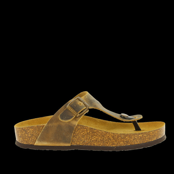 A side profile of Plakton's 341671 Beige Thong Sandals, highlighting the sleek design and eco-friendly leather upper. The adjustable buckle strap adds a touch of versatility and comfort.