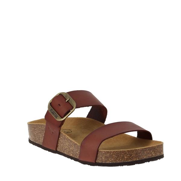 Showcase the sandals from an angle to emphasize the ergonomic cork sole and round toe shape, designed for all-day comfort and style.