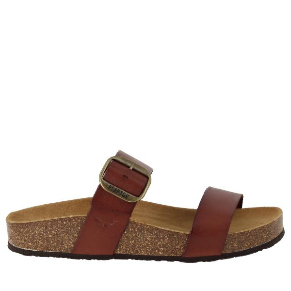 Capture the sleek profile and craftsmanship of the Plakton 343004 Chestnut Double-Strap Sandals, highlighting the premium leather upper and adjustable velcro straps.