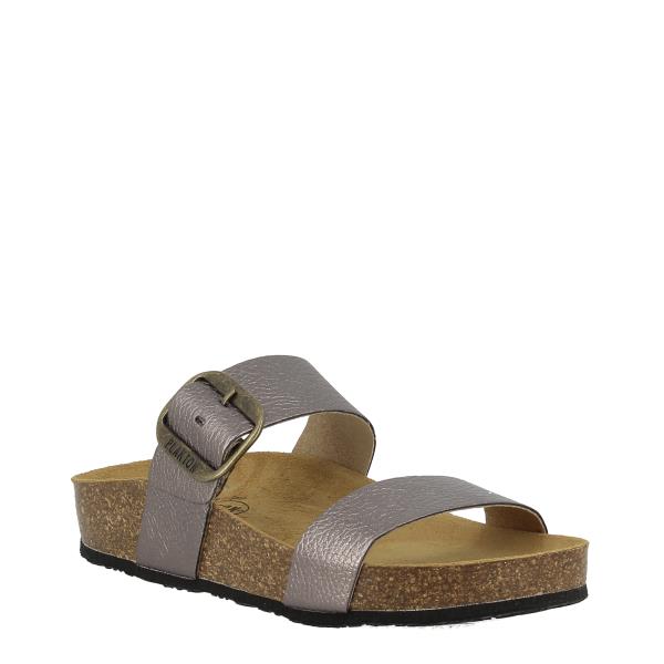 An angled perspective of the Plakton 343004 Graphite Double-Strap Sandal, highlighting its adjustable velcro straps and stylish design.