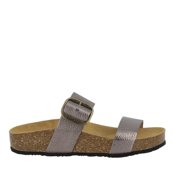A profile shot of the Plakton 343004 Graphite Double-Strap Sandal, showcasing its sleek graphite leather upper and cork sole.