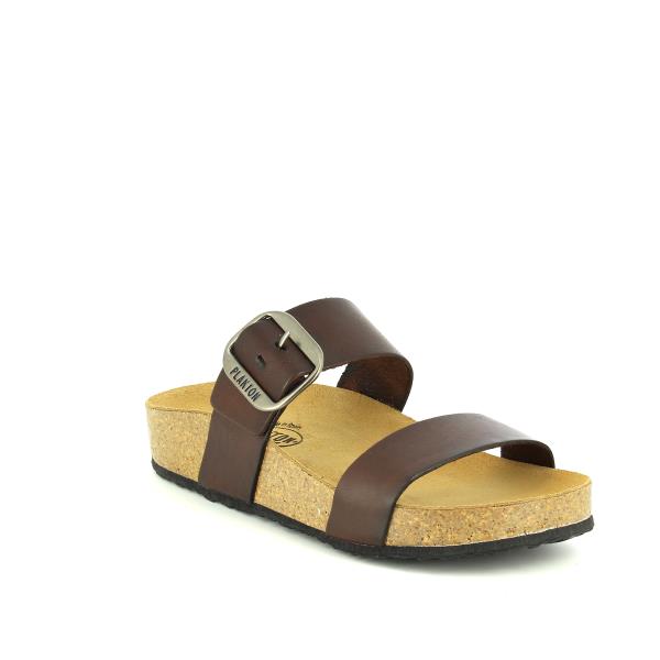 An angled perspective of the Plakton 343004 Walnut Double-Strap Sandal, highlighting its adjustable velcro straps and stylish design.
