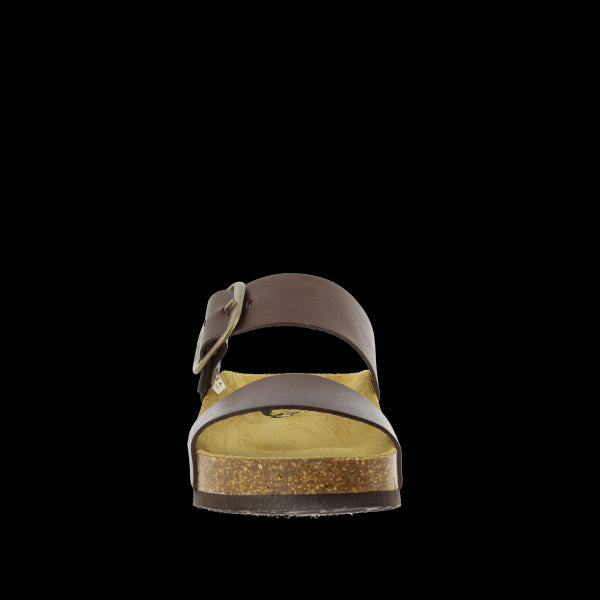 A close-up of the inside of the Plakton 343004 Walnut Double-Strap Sandal, featuring the anti-bacterial leather lining and contoured cork footbed.