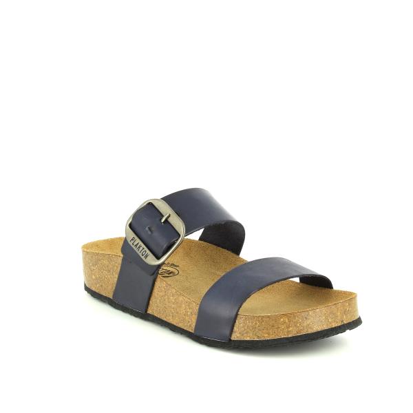 An angled perspective of the Plakton 343004 Navy Double-Strap Sandal, highlighting its adjustable velcro straps and stylish design