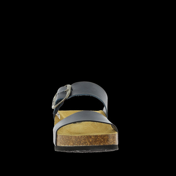A close-up of the inside of the Plakton 343004 Navy Double-Strap Sandal, featuring the anti-bacterial leather lining and contoured cork footbed