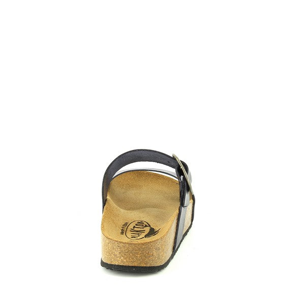 View from the back of the Plakton 343004 Navy Double-Strap Sandal, emphasizing the sturdy heel and expert Spanish craftsmanship.