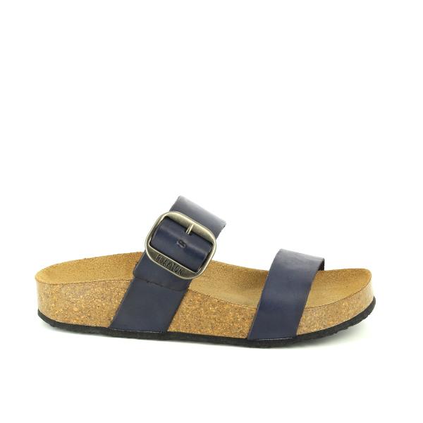 A profile shot of the Plakton 343004 Navy Double-Strap Sandal, showcasing its sleek navy leather upper and cork sole.