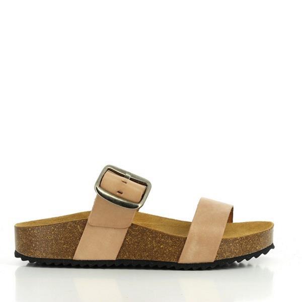 Explore the elegant side profile of Plakton's 343004 Nude Double-Strap Sandals. Crafted with eco-friendly cork soles and premium leather, these sandals offer timeless style and comfort.