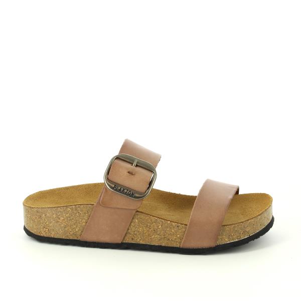 Explore the elegant side profile of Plakton's 343004 Tan Double-Strap Sandals. Handcrafted with eco-friendly cork soles and premium leather, these sandals merge style with sustainability.