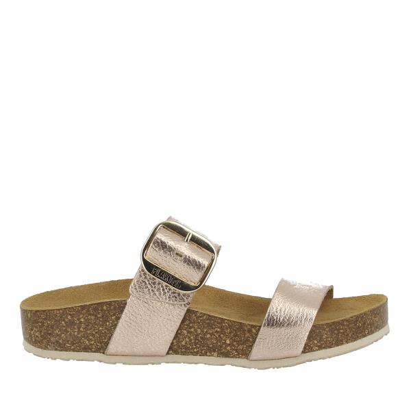 Explore the stylish side profile of Plakton's 343004 Pink Double-Strap Sandals. Handcrafted with eco-friendly cork soles and premium leather, these sandals offer a blend of comfort and sustainability.