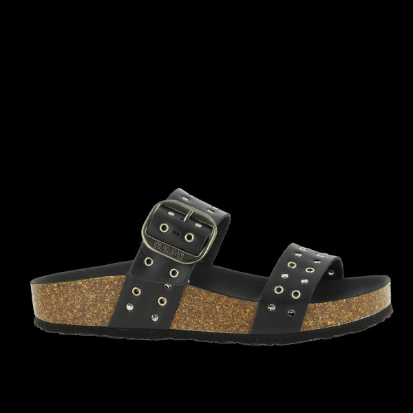 Explore the sleek side profile of Plakton's 343004 Black Studs Double-Strap Sandals. Crafted with premium leather and a cork sole, these sandals blend style with sustainability.
