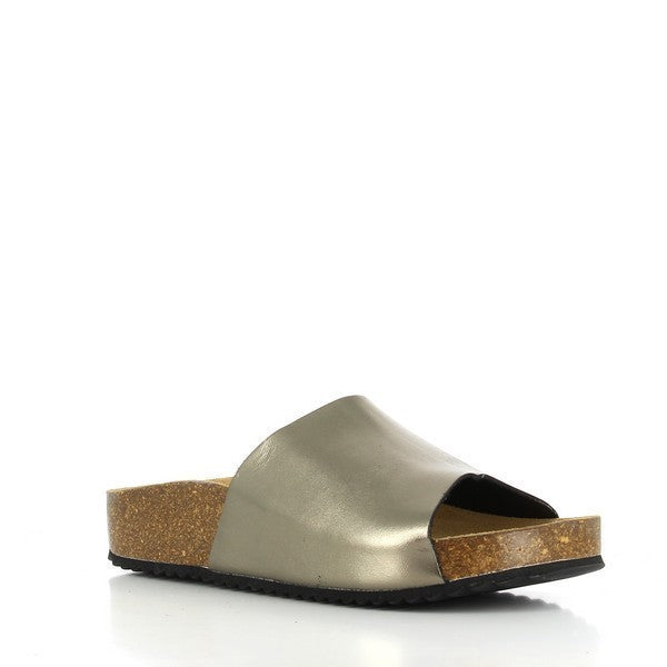 An angled shot of Plakton's 343036 Bronze Slides reveals the adjustable ankle strap and the sophisticated design, reflecting premium craftsmanship.