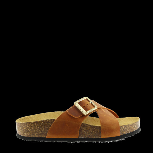 A side view of Plakton's 345638 Tan Cross-strap Sandals highlights their sleek silhouette and tan leather straps. The golden buckle detail adds a touch of sophistication, showcasing their stylish design suitable for any occasion.
