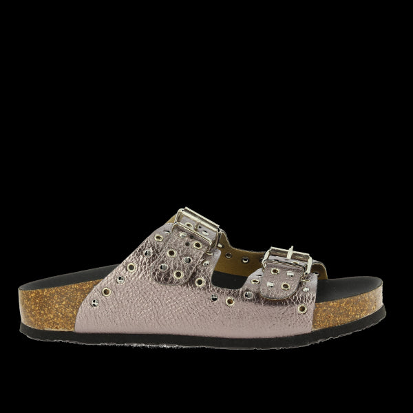 A profile shot of the Plakton 345680 Silver Studs Double-Strap Sandal, showcasing its sleek leather upper adorned with silver studs and its cork sole.
