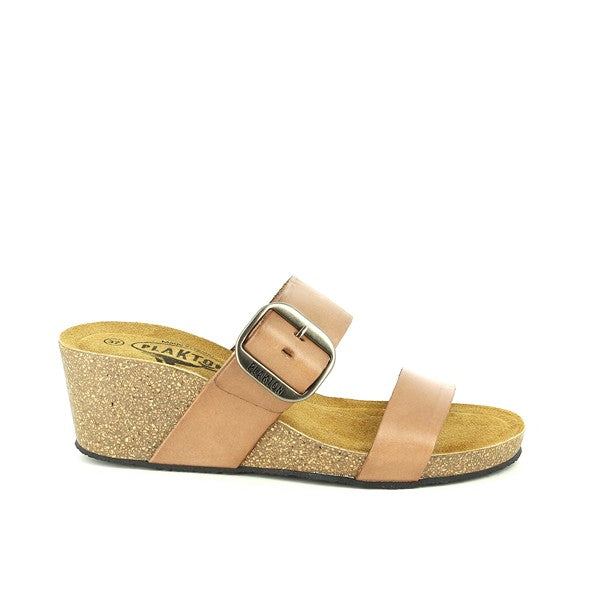 A profile view showcasing the sleek silhouette of Plakton's 363004 Nude Double-Strap Wedges, highlighting the double leather straps and cork sole.