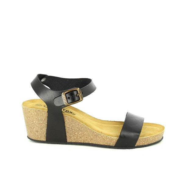 Showcase the sleek profile of Plakton's 363023 Black Slingback Wedges, highlighting the premium black leather upper and the elegant 5.5cm cork wedge heel. This view emphasizes the clean lines and sophisticated design, perfect for any smart-casual occasion.