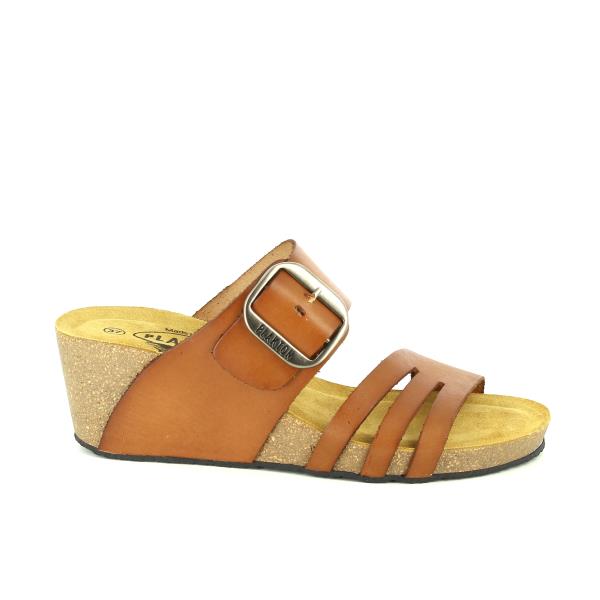 Showcase the sleek profile of Plakton's 365168 Camel Wedges, highlighting the premium camel leather upper and the elegant 5.5cm cork wedge heel. This view emphasizes the clean lines and sophisticated design, perfect for any smart-casual occasion.