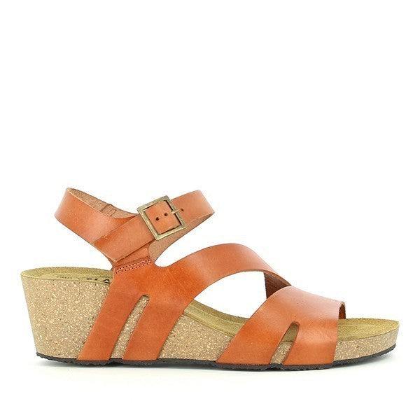 Showcase the sleek profile of Plakton's 365651 Orange Slingback Sandals, highlighting the vibrant orange leather upper and the elegant 5.5cm cork wedge heel. This view emphasizes the clean lines and sophisticated design, perfect for any smart-casual occasion.