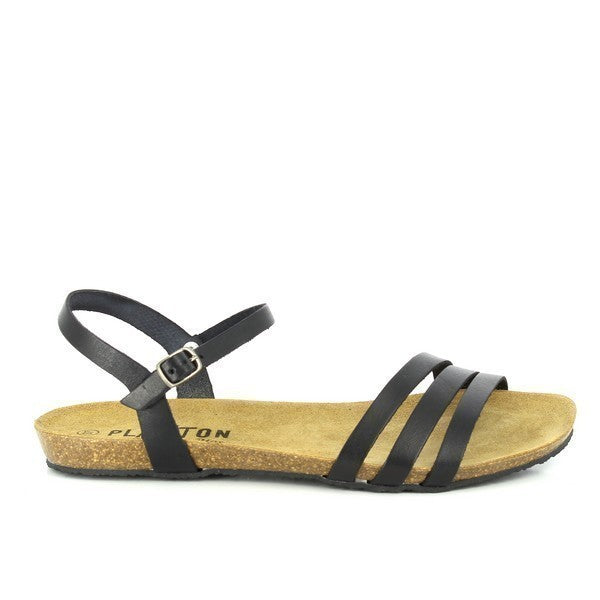 View the sleek profile of Plakton's 575080 Black Slingback Sandals, showcasing their three-strap design and premium leather craftsmanship.