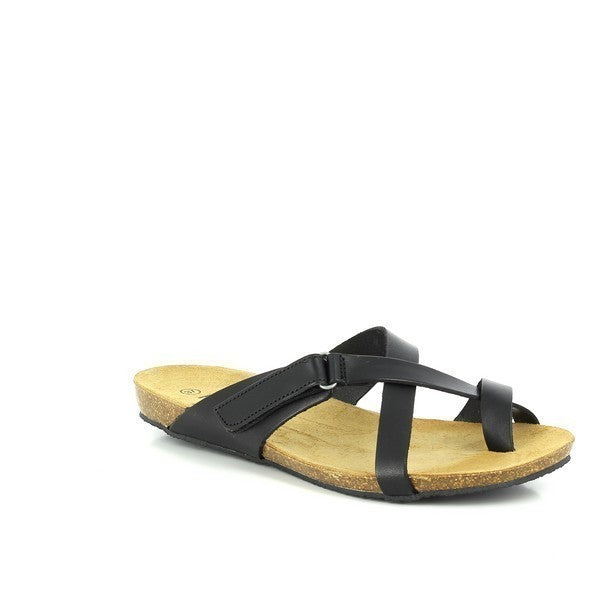 Admire the stylish angle of Plakton's 575125 Coal Black Thong Sandals, highlighting the cork-infused synthetic sole and adjustable Velcro strap closure for optimal comfort and fit.