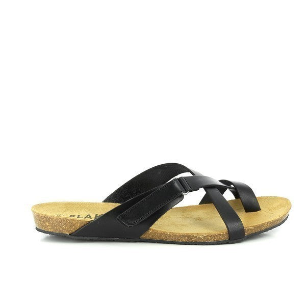 Explore the sleek profile of Plakton's 575125 Coal Black Thong Sandals, showcasing the premium leather upper and elegant strappy design, perfect for everyday elegance.