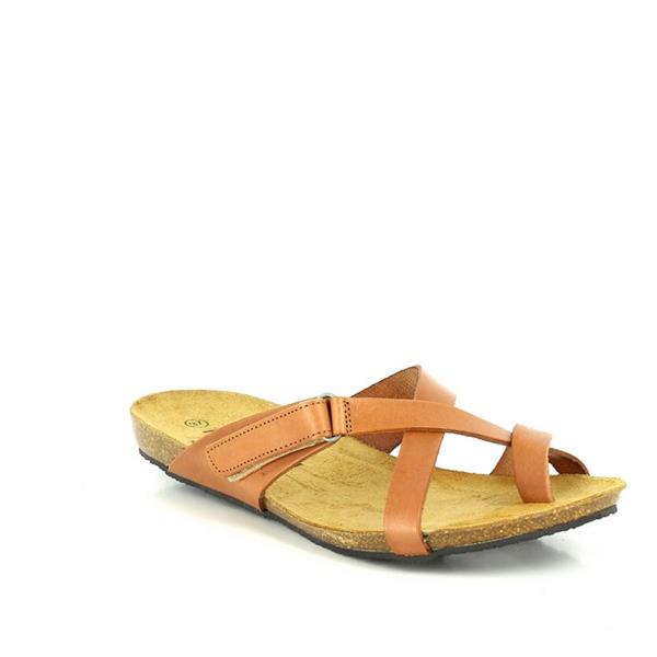 Admire the stylish angle of Plakton's 575125 Tan Thong Sandals, highlighting the cork-infused synthetic sole and adjustable Velcro strap closure for optimal comfort and fit.