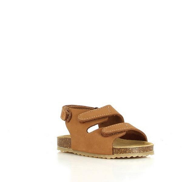 Angle view of Plakton's 852004 Tan Slingback Kids Sandals highlighting the open toe design, ankle strap for added security, and ridged cork sole for excellent traction and charm.