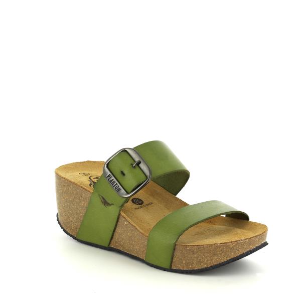 An angled view of the Plakton 873004 Malabo Green Wedges, emphasizing the wedge heel's height and shape. The angle showcases the depth of the cork wedge, the leather detailing, and the round toe, providing a comprehensive look at the shoe's overall structure and style.