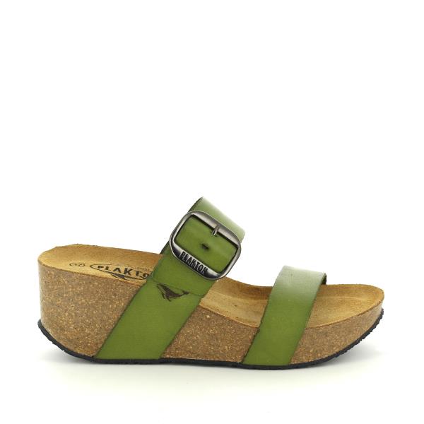 A side view of the Plakton 873004 Malabo Green Wedges, showcasing the sleek, green leather upper, adjustable straps, and the 6.5 cm cork wedge heel. The side profile highlights the smooth, curved silhouette and the elegant design of these women's shoes.
