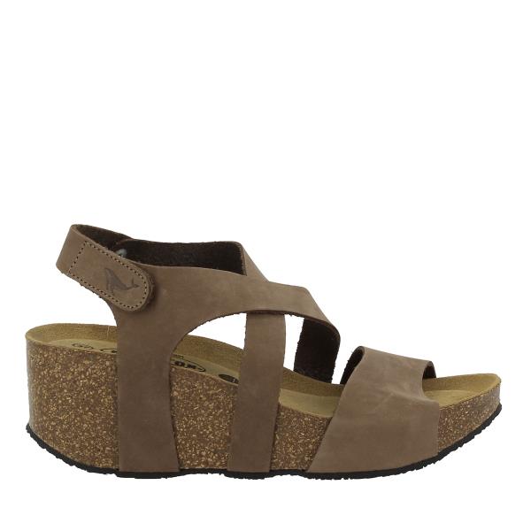 A sleek, brown leather wedge with a smooth upper, showcasing the elegant 5.5 cm cork heel and sturdy synthetic sole. The round toe shape and slingback design are clearly visible.