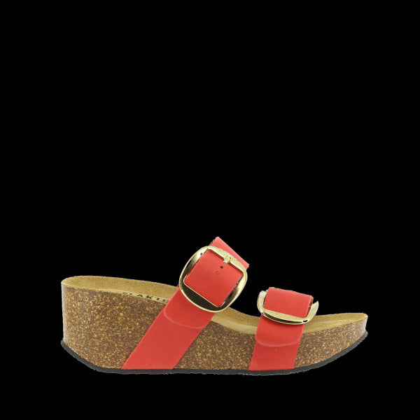 The sandal is shown from the side, highlighting its sleek, contemporary design. The orange leather upper, with an adjustable strap that ensures a snug fit. The low heel adds a subtle lift while maintaining a streamlined profile.
