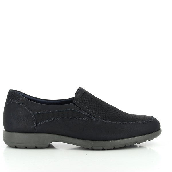 A detailed side view of the 24 Hrs 10003 Navy Slip-On Men's Shoes, showcasing the sleek leather upper and refined round toe. The clean lines and understated elegance highlight the shoe's classic design and premium craftsmanship.
