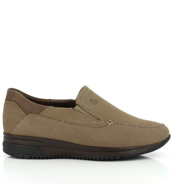 A sleek side view of the 24 Hrs 10025 Taupe Slip On Men’s Shoes, showcasing the clean lines and sophisticated taupe leather upper. The round toe and low-profile design highlight its modern and versatile style.