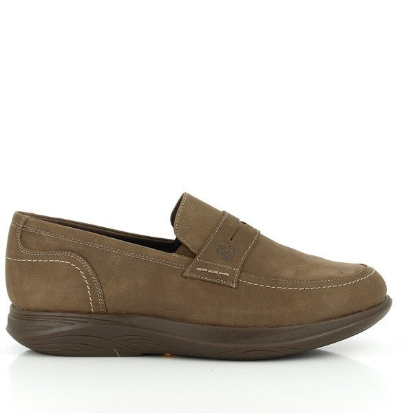 A sleek profile of the 24 Hrs 10042 Taupe Men's Loafers, showcasing the smooth leather upper, neatly stitched edges, and a clean, rounded toe. The 2 cm heel provides a subtle lift, perfect for a touch of sophistication.