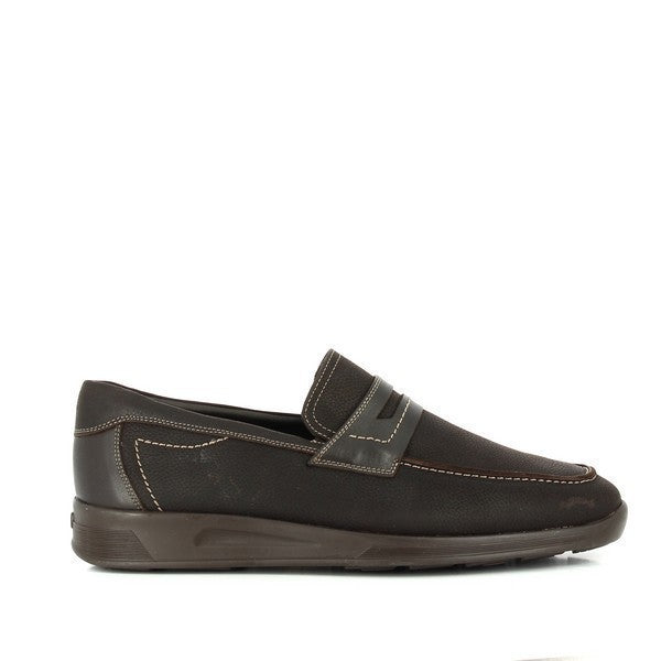 A close-up of the 24 Hrs 10224 Dark Brown Men's Loafers showcases the rich leather upper and detailed stitching. The round toe shape and smooth finish highlight the craftsmanship. The photo emphasizes the durable synthetic sole and sleek design of these elegant loafers.