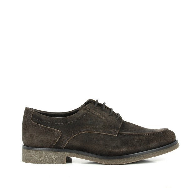 A sleek, dark brown leather Oxford shoe from 24 Hrs, showcasing its elegant lace-up design and round toe. The side view highlights the refined stitching and the classic silhouette, ideal for formal or business settings.