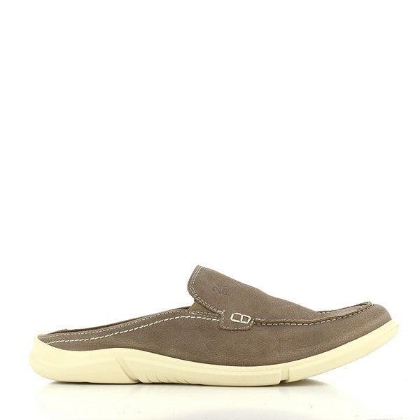 A pair of 24 Hrs 10370 Taupe Men's Slides, crafted from luxurious leather. The slides feature a sleek, round toe design and a soft leather lining for comfort. The durable synthetic sole and 3 cm heel-platform height offer a touch of elegance. Displayed against a clean background, the slides highlight their refined taupe color and exceptional craftsmanship.