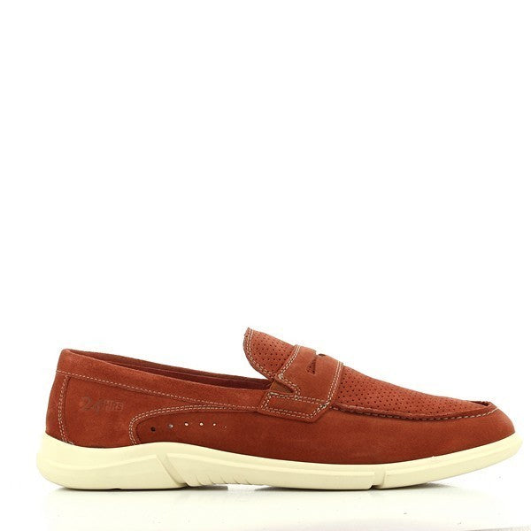A pair of 24 Hrs 10374 Burgundy Slip On Loafers, showcasing a deep burgundy leather upper. The loafers feature a classic round toe design, soft leather lining, and a durable synthetic sole with a 3 cm heel-platform height. Displayed against a neutral background, the shoes highlight their rich color and high-quality craftsmanship.