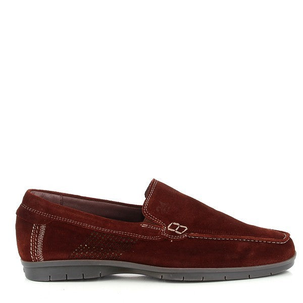 A pair of 24 Hrs 10565 Burgundy Slip On Loafers, featuring a luxurious burgundy leather upper. The loafers showcase a classic round toe, soft leather lining, and a durable synthetic sole with a 3 cm heel-platform height. Set against a neutral background, the shoes highlight their elegant design and impeccable craftsmanship.