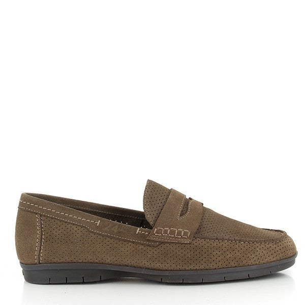 A pair of 24 Hrs 10569 Almond Slip On Loafers, showcasing a refined almond-colored leather upper. The loafers feature a classic round toe, soft leather lining, and a durable synthetic sole with a 3 cm heel-platform height. Set against a clean background, the shoes highlight their elegant design and meticulous craftsmanship.