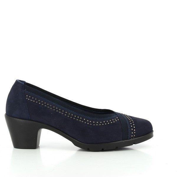 The 24 Hrs 22990 Navy Low Heels are displayed from the side, featuring a classic navy leather upper with a sleek and polished appearance. The round toe and 5 cm heel are prominently highlighted, showcasing the elegant and versatile design.