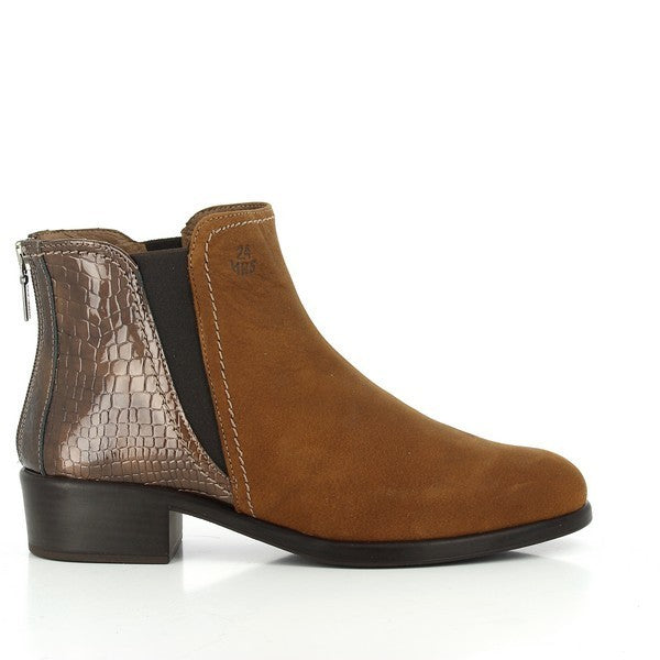 A pair of 24 Hrs 23035 Brown Snake Print Ankle Boots, featuring a sophisticated nubuck leather upper with an eye-catching snake print leather heel. The boots are styled with a round toe and an ankle zipper for a secure fit. The leather lining and synthetic sole ensure both comfort and durability. Perfectly crafted in Spain, these ankle boots combine elegant design with practical functionality.