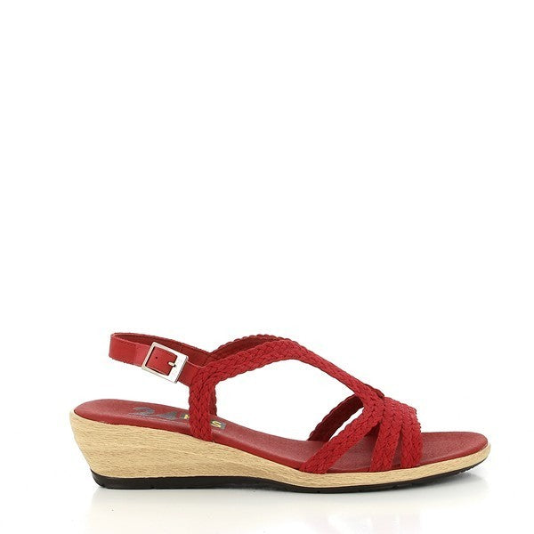 A pair of 24 Hrs 24079 Red Slingback Sandals is showcased against a neutral backdrop. The sandals feature a striking red leather upper with a round toe and a sleek buckle fastening at the ankle. The 4.5 cm heel adds a stylish lift, while the durable synthetic sole ensures stability. The soft leather lining is subtly visible from the top, highlighting the comfort and quality craftsmanship. The overall design combines vibrant color with practical elegance, making these sandals a standout choice for any occasi