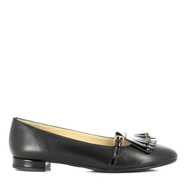 A pair of Amalfi Golia Black Ballet Flats are elegantly displayed on a light background. The flats have a sleek, minimalist design with a smooth black leather upper that gently curves to form a rounded toe. The flats are accented by a subtle 1.5cm heel-platform, providing a slight lift while maintaining a flat silhouette. The soft leather lining is visible from the top, emphasizing the luxurious materials used. The soles have a fine texture, hinting at their durability and grip. The image captures the essen