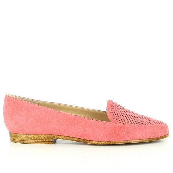 The Amalfi Olmo Coral Loafers are beautifully displayed from multiple angles. The side view highlights the vibrant coral leather upper, showcasing its smooth texture and elegant design. The angle view emphasizes the subtle 1cm heel-platform, enhancing the loafer's sleek profile. The back view reveals the clean lines and minimalistic heel, while the inside view features the soft leather lining, underscoring the comfort and high-quality craftsmanship. Each angle showcases the loafer’s sophisticated and stylis