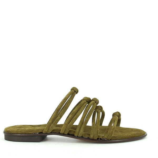 The Antichi Romani 142 Safari Khaki Multi-Strap Slides are elegantly presented in a chic, minimalist setting. The slides showcase a sophisticated khaki leather upper with multiple slim straps, reflecting the brand's signature craftsmanship. The soft leather lining is visible, ensuring comfort, while the synthetic sole is subtly highlighted for durability. The 2 cm heel-platform and rounded toe shape add to the stylish yet practical design. The "Made in Italy" mark is discreetly featured, underscoring the hi