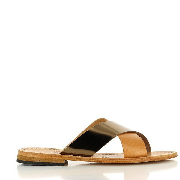 The Antichi Romani 831 Bronze Cross-Strap Slides are elegantly displayed against a neutral backdrop, highlighting their exquisite craftsmanship. The rich bronze leather gleams softly in the light, showcasing the premium quality of the material. The cross-strap design elegantly wraps around the foot, providing a stylish yet comfortable fit. The round toe shape offers a classic touch, while the 1.5cm heel-platform height adds a subtle lift. 