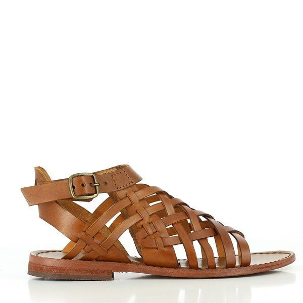 A pair of Antichi Romani 047 Cuoio Tan Fisherman Sandals are displayed against a light, neutral background. The sandals feature a rich tan leather upper with intricate woven straps, creating the classic fisherman style. The soft leather lining and sturdy leather sole are visible, showcasing the high-quality craftsmanship. The 1 cm heel-platform offers a slight lift, while the round toe and adjustable ankle strap add to the timeless, elegant design.