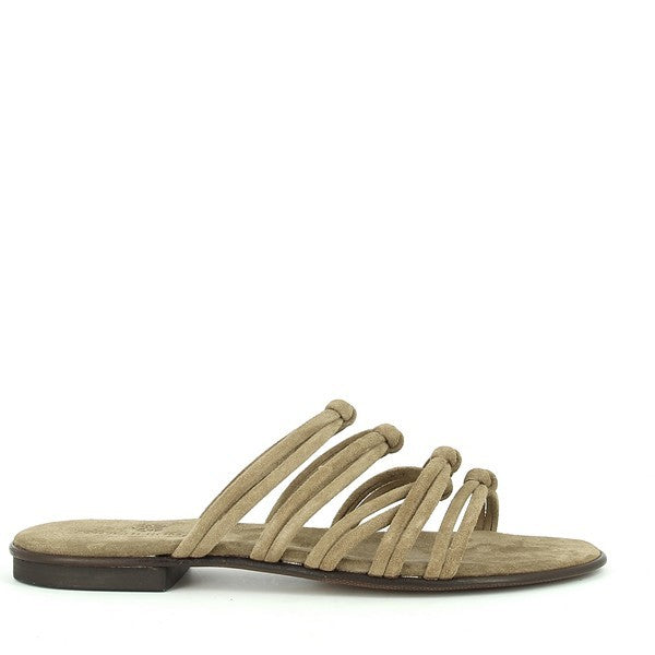 The Antichi Romani 142 Tortora Beige Multi-Strap Slides are elegantly displayed in a stylish, understated setting. The slides feature a sophisticated beige leather upper with multiple slim straps, showcasing the brand's renowned craftsmanship. The soft leather lining is visible, ensuring comfort, while the synthetic sole is subtly highlighted for durability. The 2 cm heel-platform and rounded toe shape add a touch of practicality and classic design. The "Made in Italy" mark is subtly incorporated, emphasizi